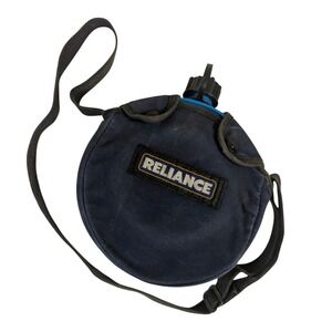 Reliance Desert Canteen – Blue Plastic Water Bottle w/ Navy Canvas Cover & Strap